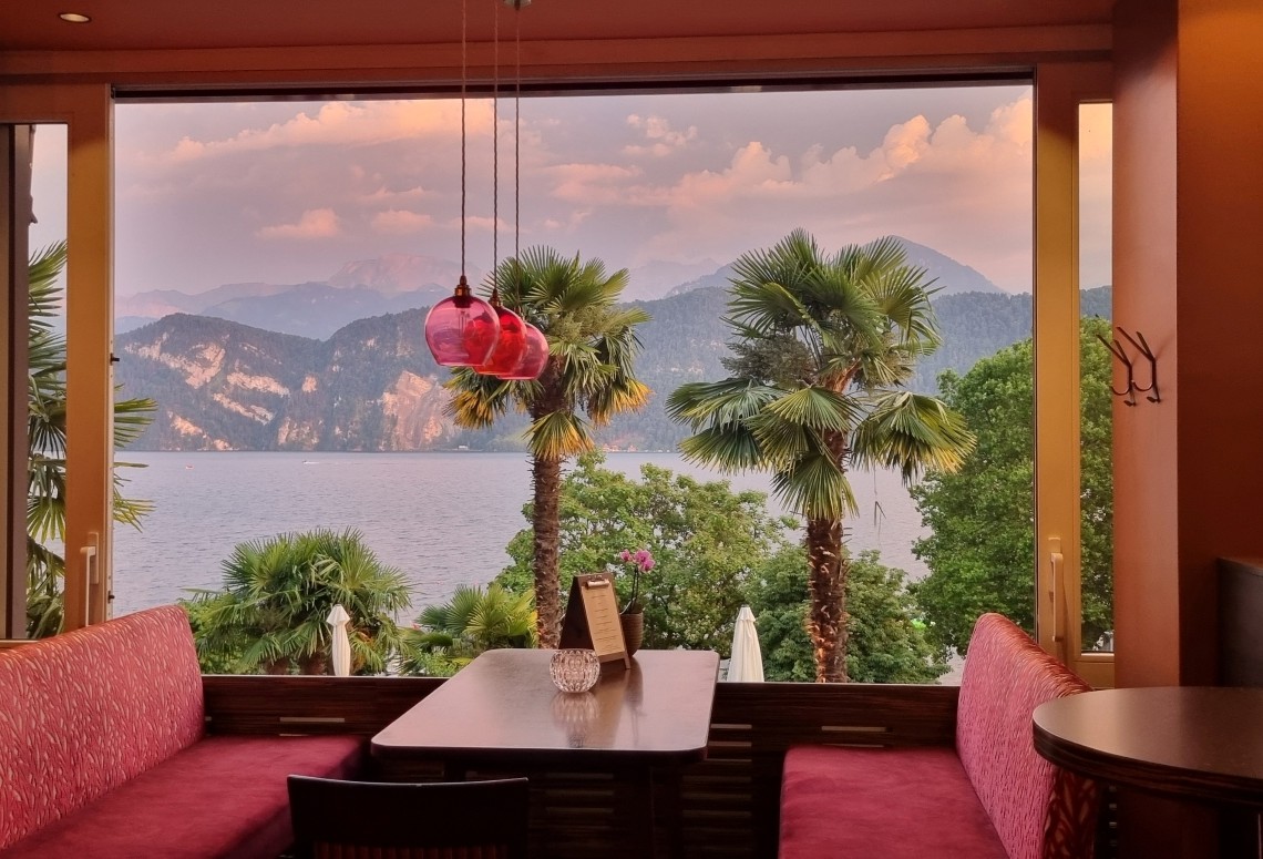 Sunset over Lake Lucerne as seen from the bar at the Hotel Alexander, Weggis